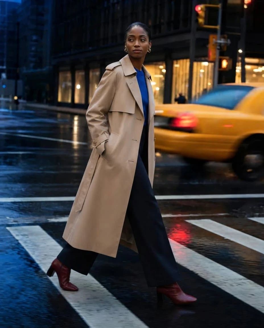 AI clothes changer result with an oxblood trench coat in a moving city portrait