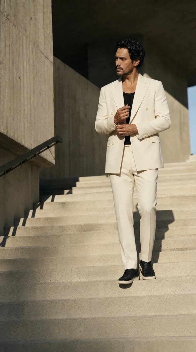 AI outfit result with a cobalt suit photographed on broad museum steps