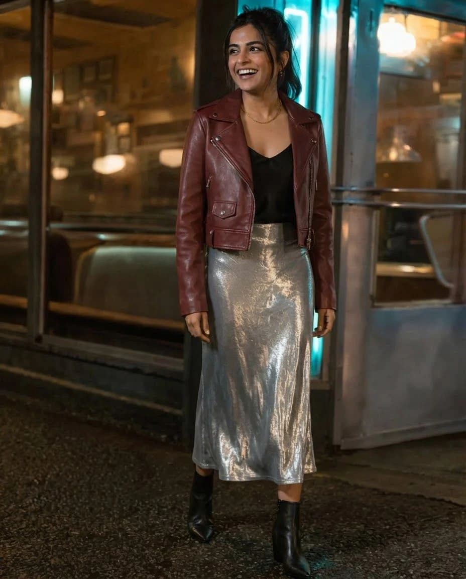 AI generated night-out look with a silver skirt outside a city diner