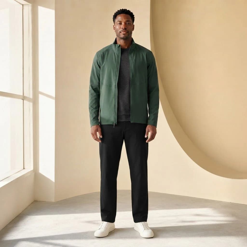 AI outfit idea with an athletic jacket captured in a close social portrait